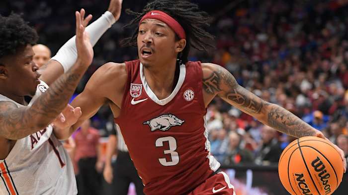 Arkansas Razorbacks guard Nick Smith drives in the SEC Tournament against the Auburn Tigers.
